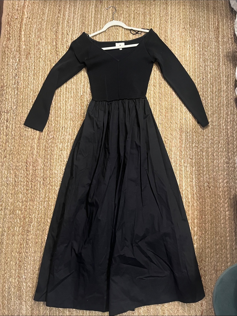 Tuckernuck Long Sleeve Black V-Neck Midi Dress with Full Skirt